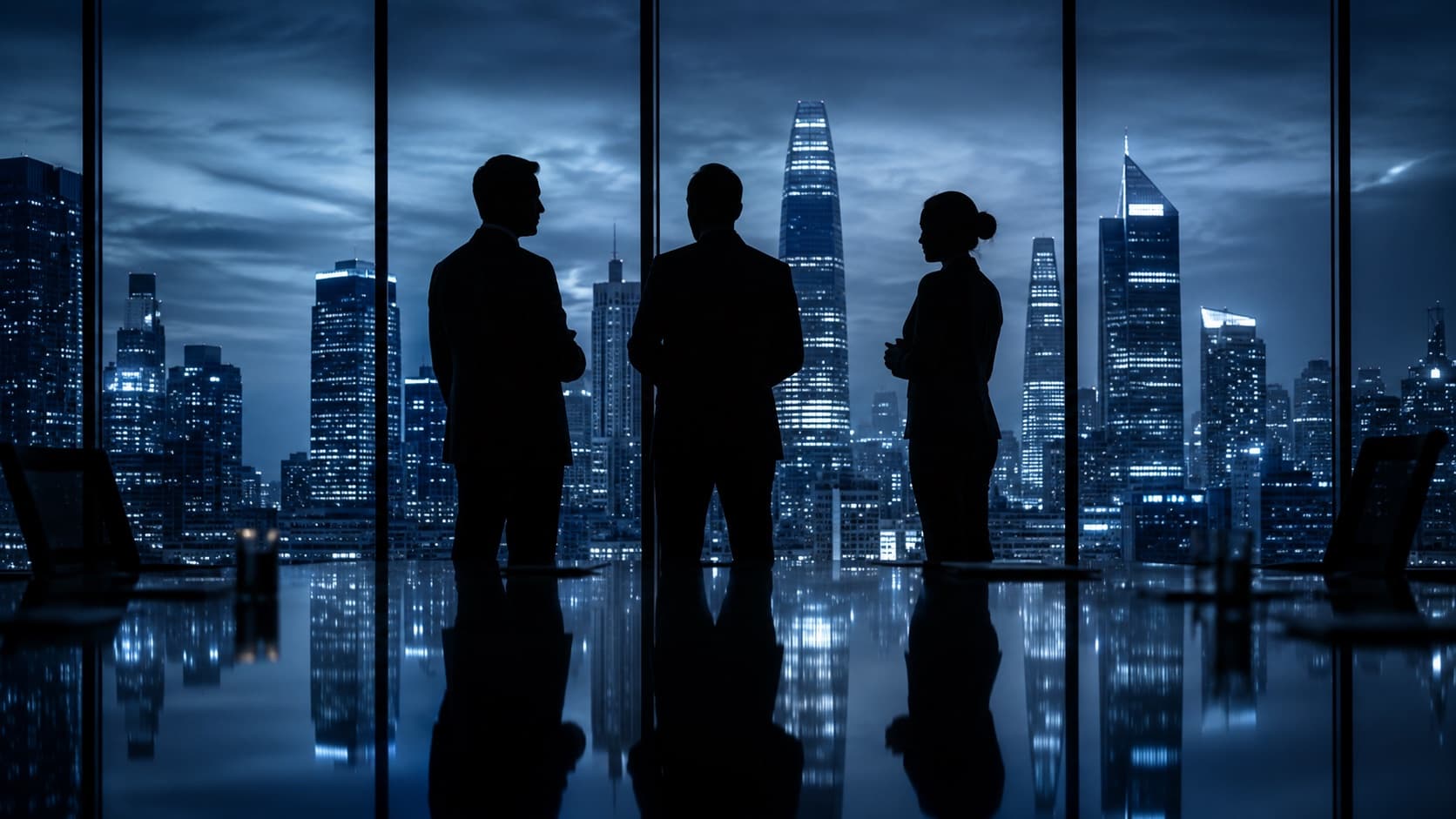 Three executives in silhouette against a night skyline